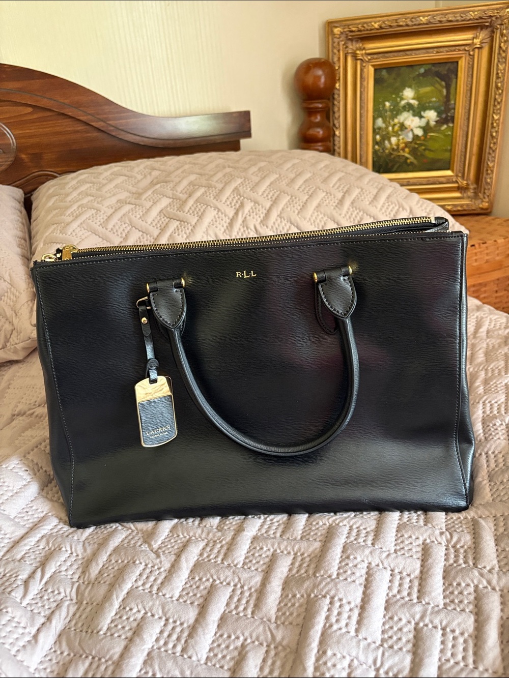 LaurRalph Lauren RLL Black Leather Tote with Gold Hardware Doupke Zipper Satchel
